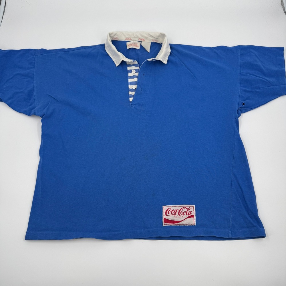 Vintage Coca-Cola Blue Rugby Shirt Short Sleeve Logo Patch Boxy 90s Mens XL